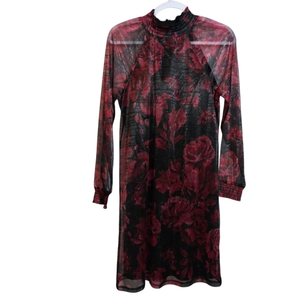 Nina Leonard Elegant Floral Black and Red Dress Mock Neck Sheer Size M